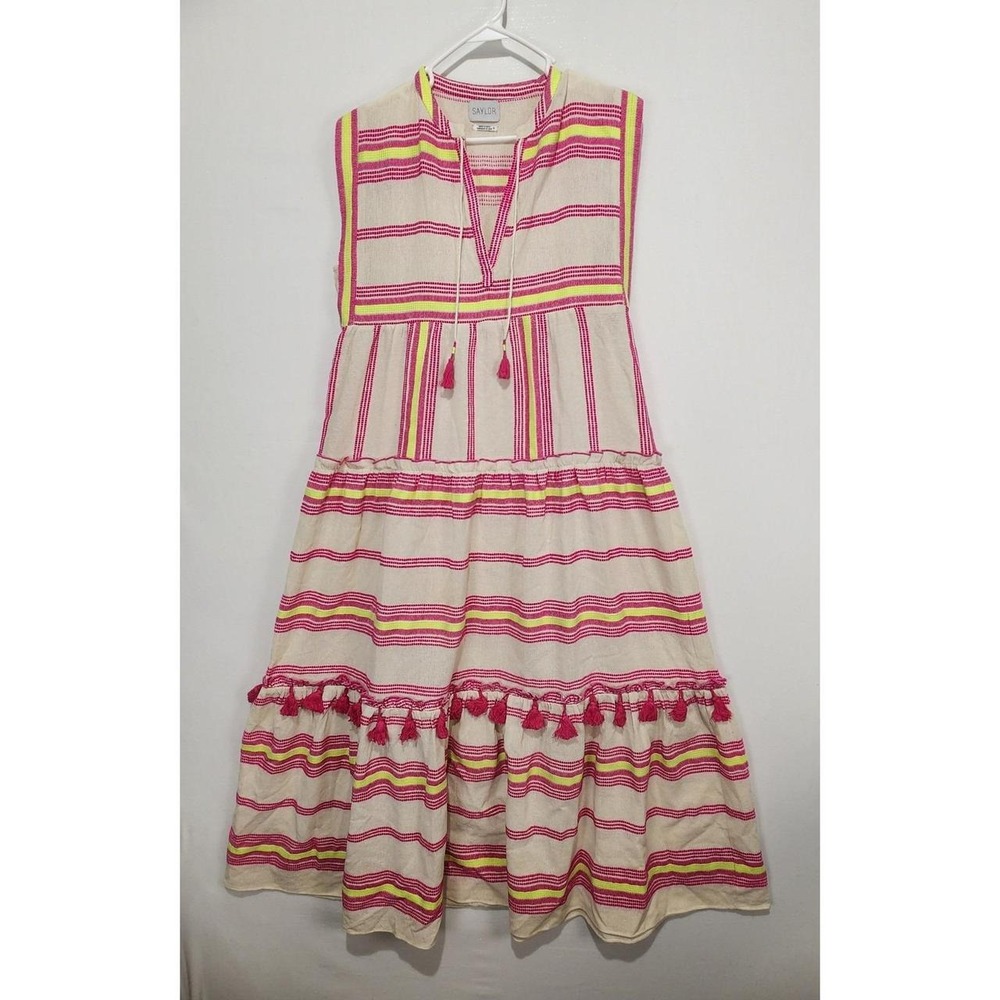 Saylor Maryam Women's M Boho Tassel Maxi Dress Cream Pink Neon Stripe - Picture 1 of 5